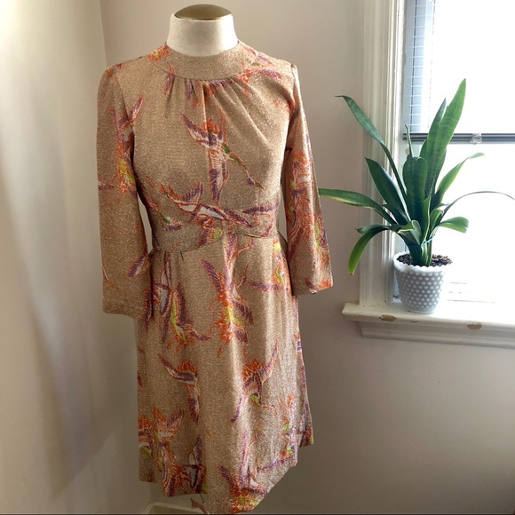 Vintage Dresses & Skirts - Vintage Gold Metallic Dress with Bird Design